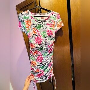 No Boundaries White Graphic Ruched Tee Dress with Multicolor Print